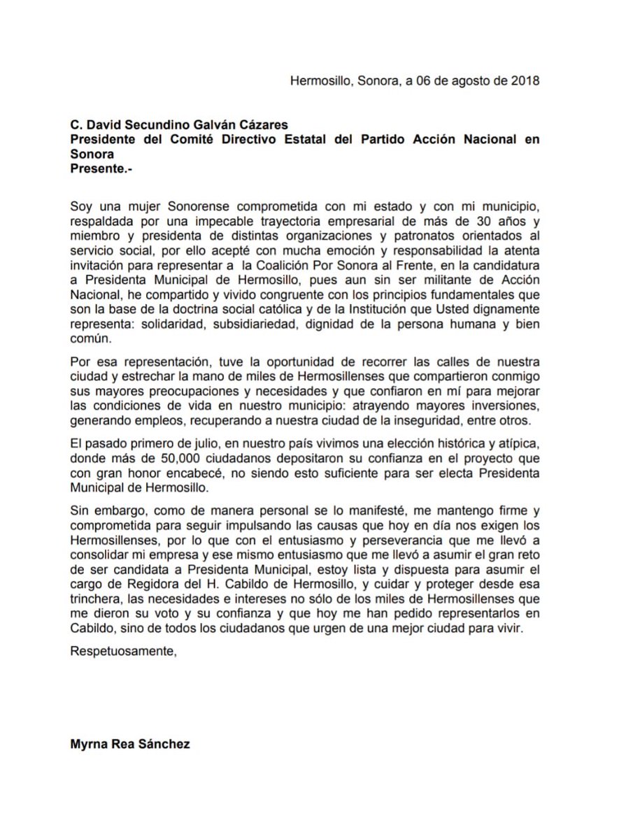 Comparto documento enviado hoy al <a href="/PANSONORA/">PAN de la Gente</a> Estoy lista para representar a los ciudadanos que me dieron su confianza, ser además una oposición responsable gobernando con los valores de Acción Nacional, tengan certeza que velaremos como siempre por el bien común.