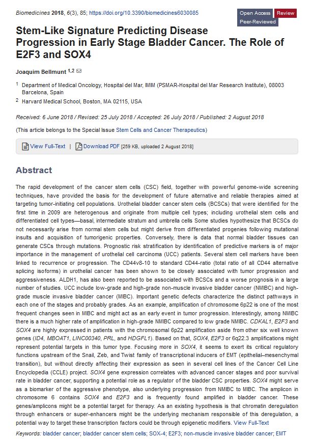 Biomed_MDPI's tweet photo. #mdpibiomedicines @imimat Nice review from Dr. Joaquim Bellmunt about "#Stem-Like Signature Predicting Disease Progression in Early Stage #Bladder_Cancer. The Role of E2F3 and SOX4". #cancer_stem_cells #CSC #BCSCs #EMT https://t.co/uj75n0LTXN https://t.co/MHBdXqMN6a