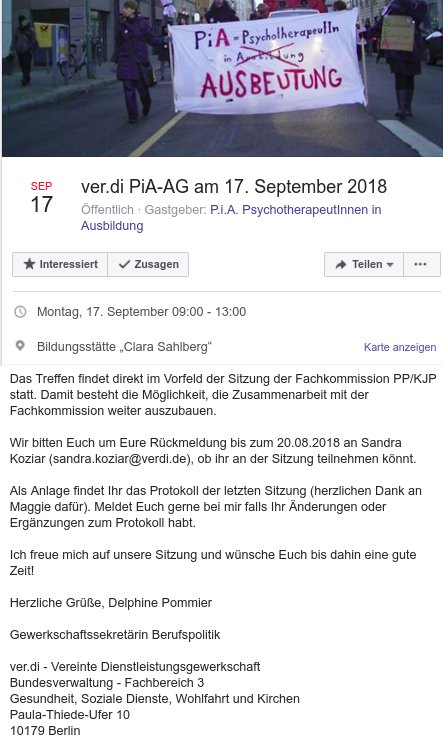 PiA-Bündnis (@piabnds) on Twitter photo #PiATermin #Berlin: Am Montag 17.9. findet vormittags e #Verdi-Veranstaltung f #Psychotherapeuten i Ausbildung statt. Treffen 9Uhr a wunderschönen #Wannsee, Koblanckstraße 10. Im Anschluß Teilnahme a sog. Fachkommission KJP / PP inkl Vernetzung erwünscht. <a href="/ptma_o/">Ptma</a> <a href="/BMG_Bund/">Bundesgesundheitsministerium</a> #PiATermin #Berlin: Am Montag 17.9. findet vormittags e #Verdi-Veranstaltung f #Psychotherapeuten i Ausbildung statt. Treffen 9Uhr a wunderschönen #Wannsee, Koblanckstraße 10. Im Anschluß Teilnahme a sog. Fachkommission KJP / PP inkl Vernetzung erwünscht. <a href="/ptma_o/">Ptma</a> <a href="/BMG_Bund/">Bundesgesundheitsministerium</a>