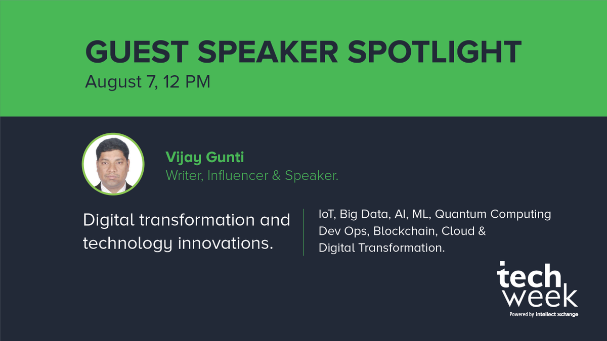 intellectAI's tweet photo. Welcoming, Vijay Gunti, thought leader and influencer on all things tech - #blockchain, #cloudcomputing, #digitaltransformation and #AI. #TechWeek2018. https://t.co/KLJ3z7Lrx8 https://t.co/jW23FNy4WP