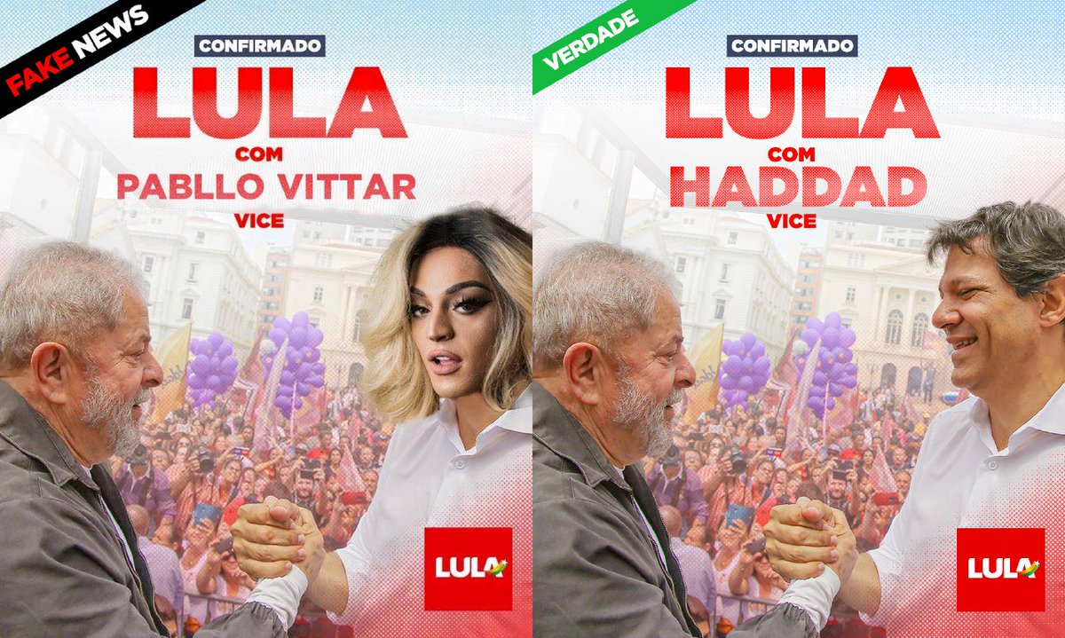 Está circulando essa imagem na rede então vamos explicar: o vice de Lula é @Haddad_Fernando e não @pabllovittar, pessoal. #OBrasilFelizDeNovo #timeLula