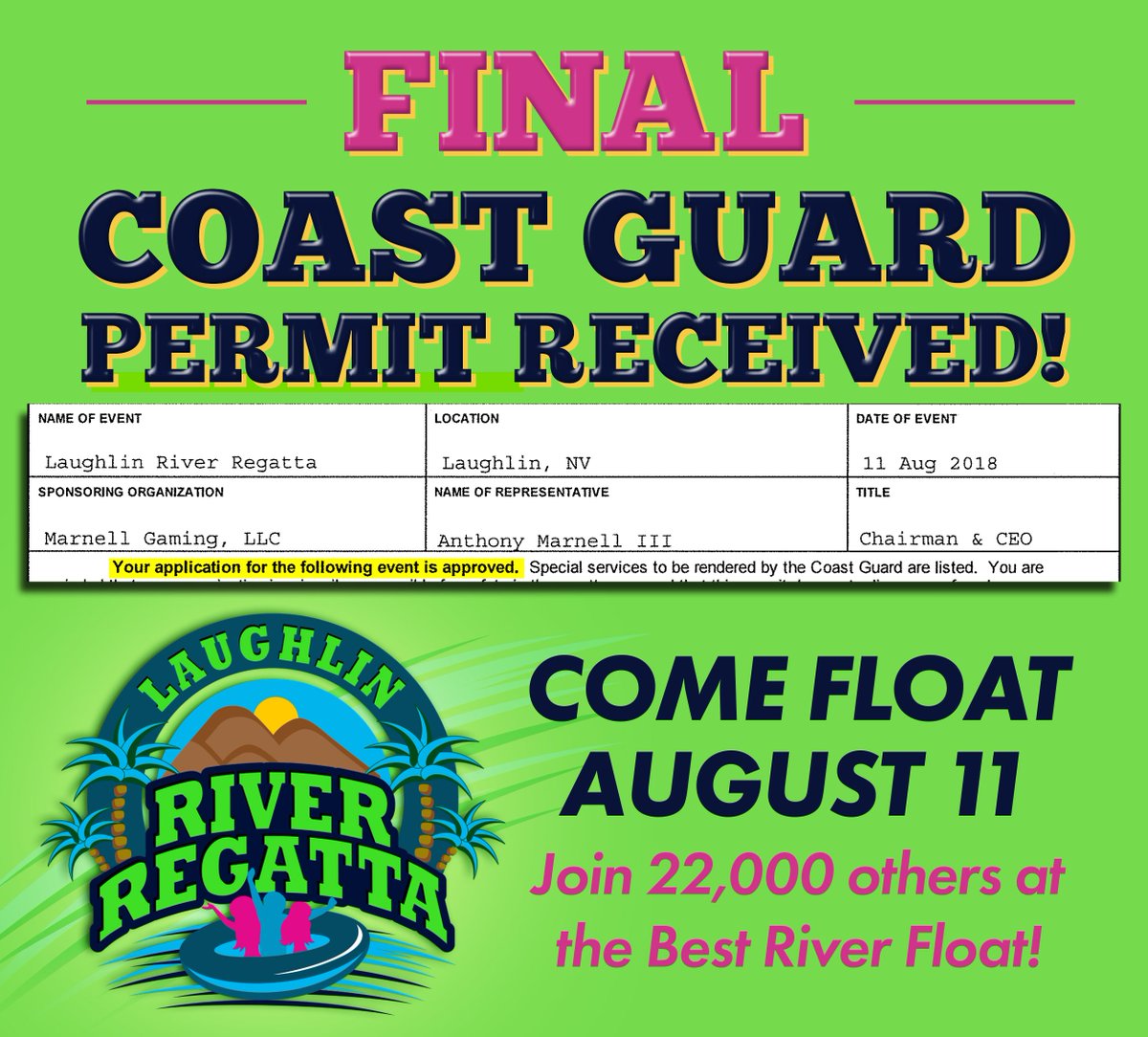laughlinregatta's tweet photo. Final Permit Received.

Are we Float'n Yet? Yes we are!

Get Tickets Here: https://t.co/qL0qtuCe1O

#Toldya #BusinessAsUsual #letsfloat #riverregatta #herewego #laughlin #notfakenews https://t.co/54oXtnj4IJ