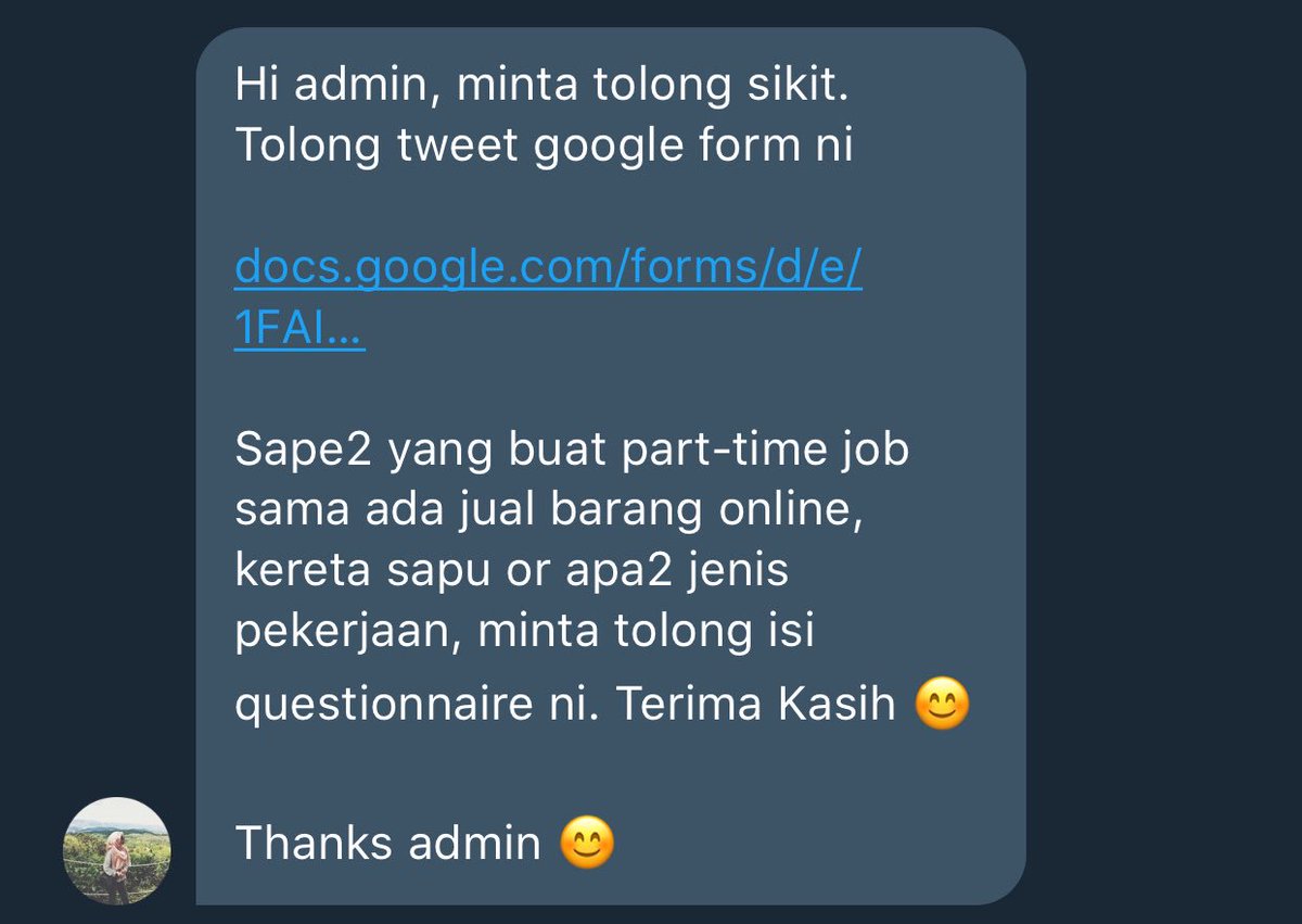 docs.google.com/forms/d/e/1FAI…

Sape2 yang buat part-time job sama ada jual barang online, kereta sapu or apa2 jenis pekerjaan, minta tolong isi questionnaire ni. Terima Kasih 😊