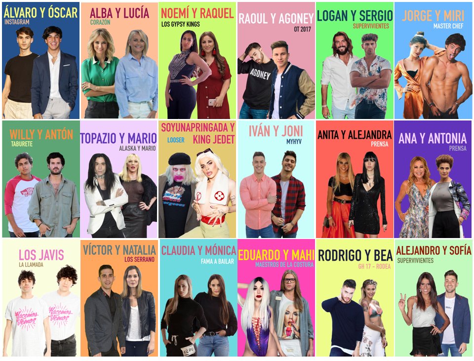 VIPerinoGH's tweet photo. Gala 1. #SimulacionGHVIP6
Arranca esta nueva edición con estas 18 parejas. Vota en negativo con -3, -2 y -1 puntos respondiendo a este tweet. Las 3 parejas con más votos serán nominadas. ¡Participa!
#OTAndorra #FirstDates699 #GHVIP6 https://t.co/PjberdLuGq
