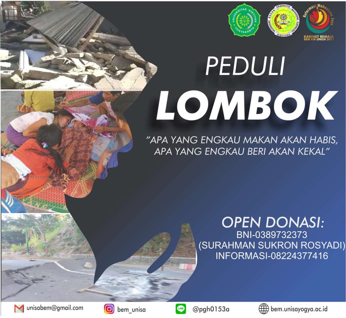 matafunisa's tweet photo. [PEDULI LOMBOK]
BEM KM UNISA membuka donasi untuk meringankan beban korban bencana gempa bumi. Ayo berikan donasimu, sekecil apapun akan sangat berharga bagi para korban

Open Donasi :
BNI 
a.n Surahman Sukron Rosyadi 
No Rek : 0389732373
Info Lebih Lanjut Hubungi : 08224377416 https://t.co/UNZwgQfgb5