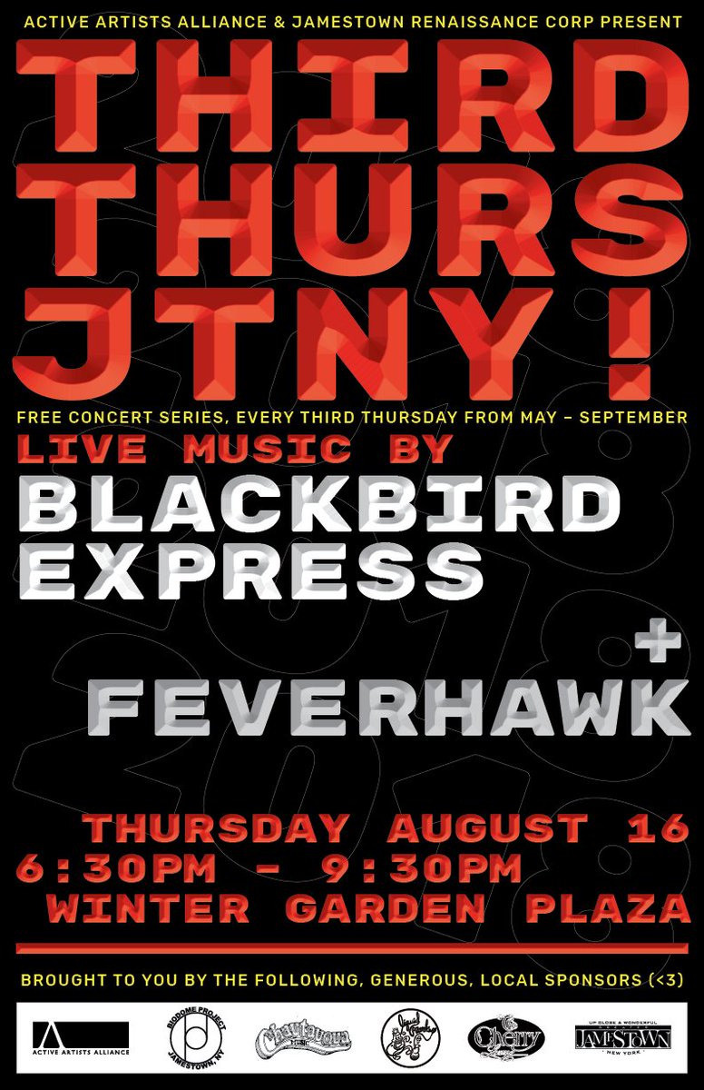 THIRD THURSDAY Free Live Local Music in Downtown #JTNY August 16th @ Wintergarden Plaza - TWO GREAT BANDS - Feverhawk &amp; Blackbird Express - We shall call this one the BATTLE OF THE BIRDS !!! #feverhawk #blackbirdexpress #WNYmusic #Jamestownny #CHQ2018 #WNY #Chautauqua #livemusic