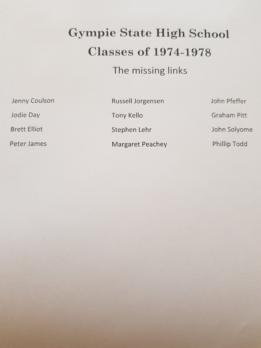 petersen_shauna's tweet photo. The missing links! If you are one of the 1974-1978 GympieSHS students from the attached list, the committee would love to hear from you, even if you're unable to attend! Send a few lines about you and your journey since high school to add to the memorabilia display. https://t.co/aN2DUHAB65