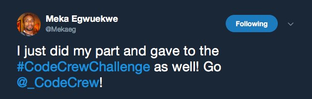 _CodeCrew's tweet photo. There have been a few more people to accept the #CodeCrewChallenge on Facebook and Instagram.
Have you accepted the challenge?
https://t.co/ZKzaSFD021
Similar to other social challenges, just make a donation and challenge your crew.
Follow the hashtag --> #CodeCrewChallenge https://t.co/h30q3ANZNu