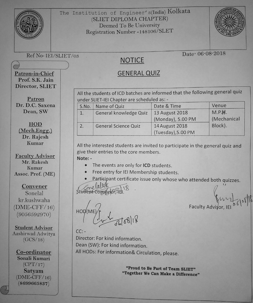 Sliet_helpdesk's tweet image. #GeneralQuiz #Sliet #India #Slietian&apos;s #Where_Winning_is_a_Habit
#Proud_to_be_part_of_team_SLIET
#together_we_can_make_a_difference