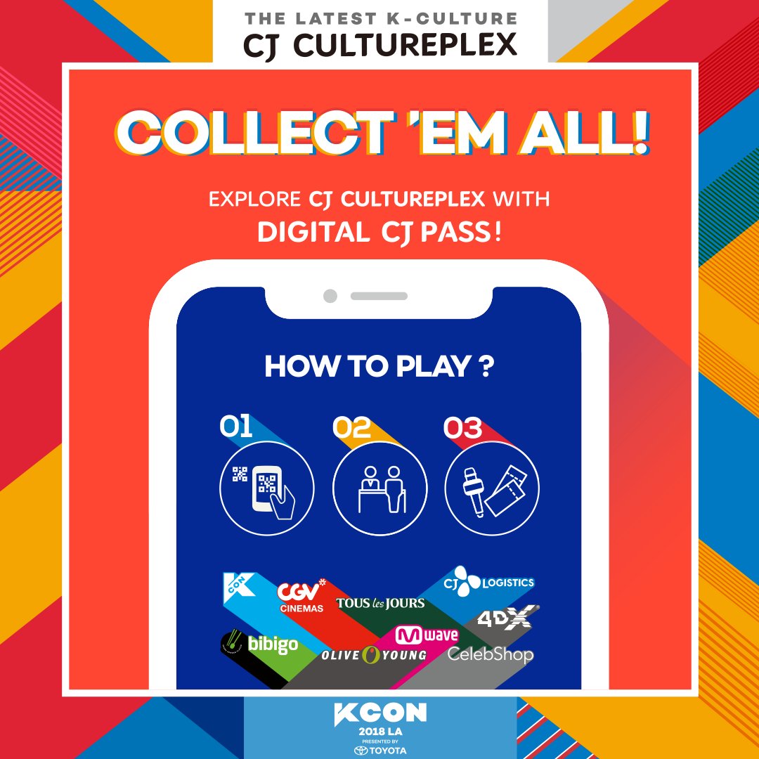 kconusa's tweet photo. Explore CJ CULTUREPLEX with DIGITAL CJ PASS.
1. SCAN THE QR CODE at each CJ CULTURPLEX booth
2. SHOW THE COMPLETED CJ PASS at the CJ PASS information desk
3. DRAW A TICKETS FROM THE RAFFLE BOX FOR EXCLUSIVE PRIZES
See you at #KCON18LA
Meet us at #CJCULTUREPLEX https://t.co/bPvmg3svu3