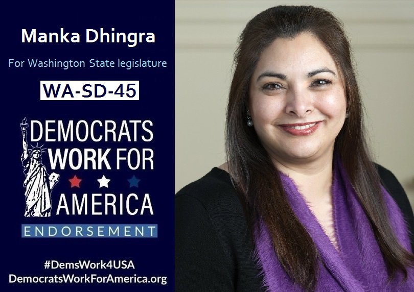 DemsWork4USA's tweet photo. 🔁#Election2018 #Washington #SD45 #WinBlue
Support MANKA DHINGRA #WASD45,& @DemsWork4USA
Curr Washington State Senator
👉https://t.co/0pAw4clllL
#YesWeCan #KeepItBlue
#WAleg #WApol #WApolitics
#Democrats #progressives #NPP #Women #UniteBlue #BlueWave #BlueWave2018 #DemsWork4USA https://t.co/6z41GqJDKb