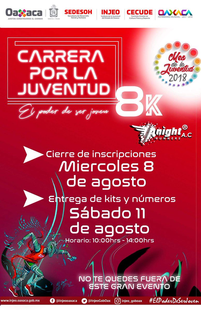 Injeo_GobOax's tweet image. Últimos días para inscribirte en la Primer Carrera por la Juventud 2018, la cual será este 12 de agosto a las 8:00 a.m. en el Polideportivo, Conoce la ruta aquí ¡Participa con nosotros y demuestra #ElPoderdeSerJoven!
@alejandromurat @IvetteMurat @Yola_MartinezL @CECUDE_GobOax