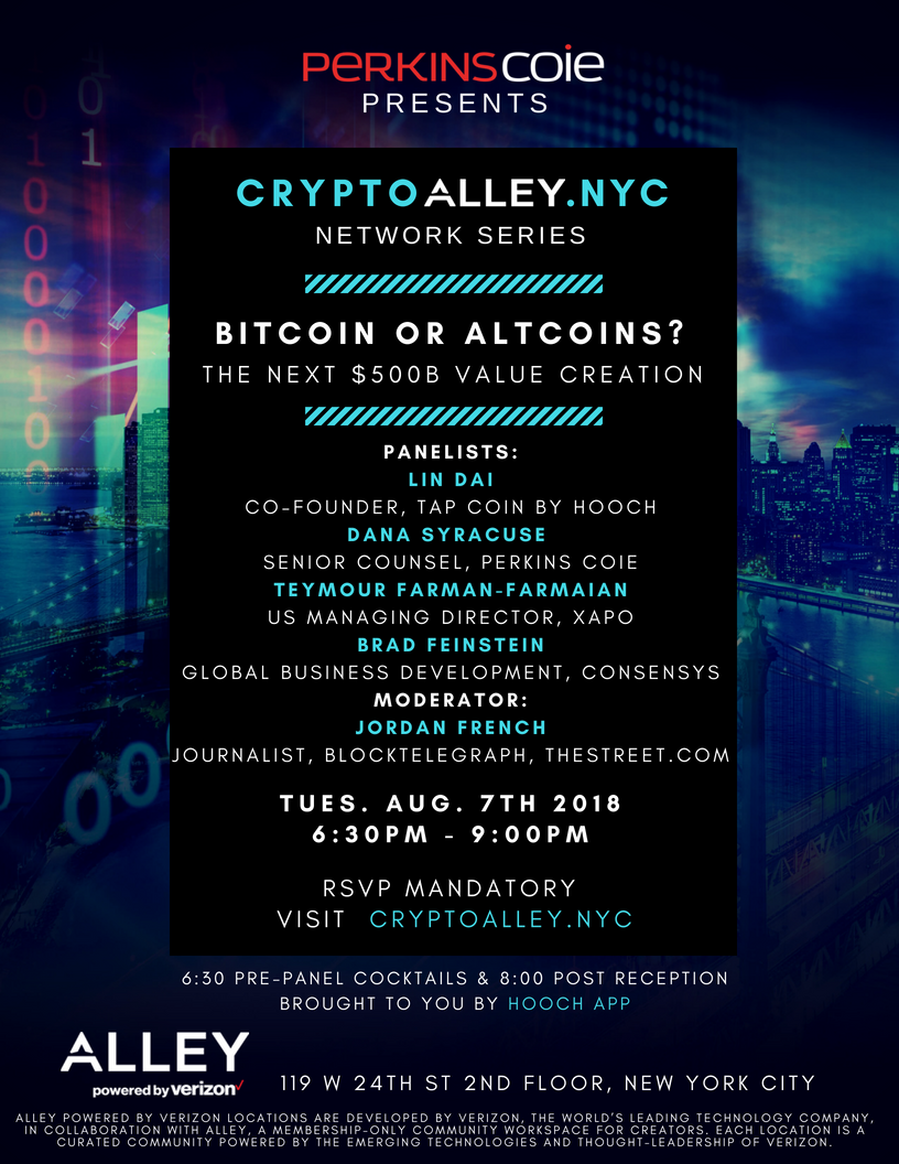 Exciting #crypto event tomorrow in NYC hosted by <a href="/HoochApp/">HOOCH</a> and sponsored by <a href="/PerkinsCoieLLP/">Perkins Coie</a> and <a href="/verizon/">Verizon</a>. Come network with industry leaders and enjoy premium cocktails and catering. Don't miss it! <a href="/linxdai/">Linx Dai</a> <a href="/Jordan__French/">Jordan French</a>  RSVP at cryptoalley.nyc