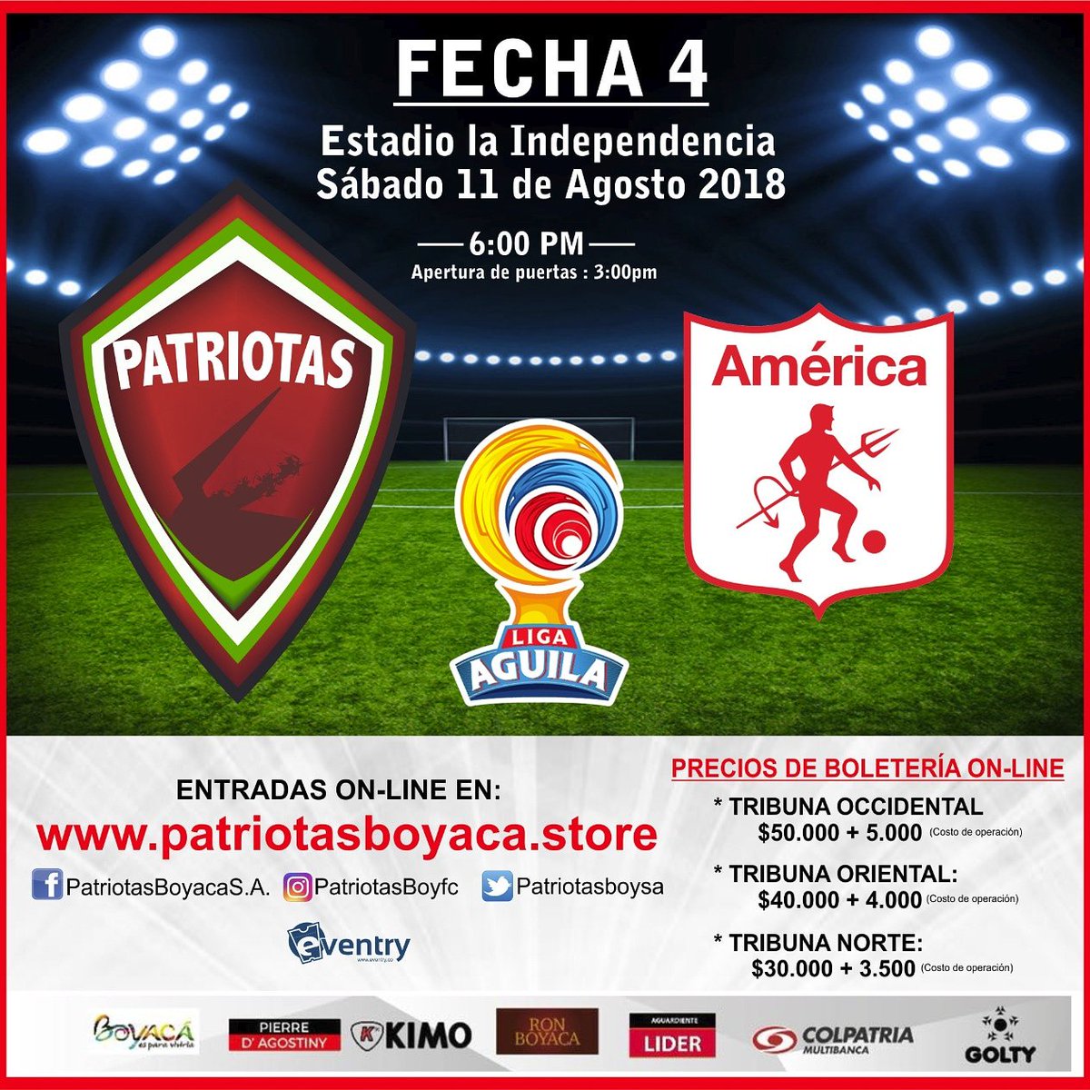 Familia buena noches, para quienes nos han preguntado por los precios de las diferentes tribunas del partido del sábado <a href="/patriotasboyfc/">Patriotas Boyacá FC</a> vs <a href="/americadecalisa/">Los Skarlatas</a>, por aquí les dejamos  la información para compras en línea. #somospatriotas #somosboyacá 👉patriotasboyaca.store