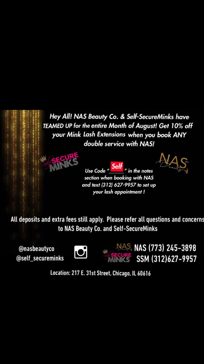 DeeBluPRNT's tweet photo. NAS Beauty Co. &amp; Self-SecureMinks have TEAMED UP for the entire Month of August❗️ 
BOOK your full sets today❗️ 
📍217 E. 31st St., Chicago,IL📍
#chicago #chicagolashes #chicagoextensions #chicagoextensionsspecialist #chicagolashtech #chicagolashartist #ambitiousnailsandlipbar https://t.co/DoLj7R4U3Q