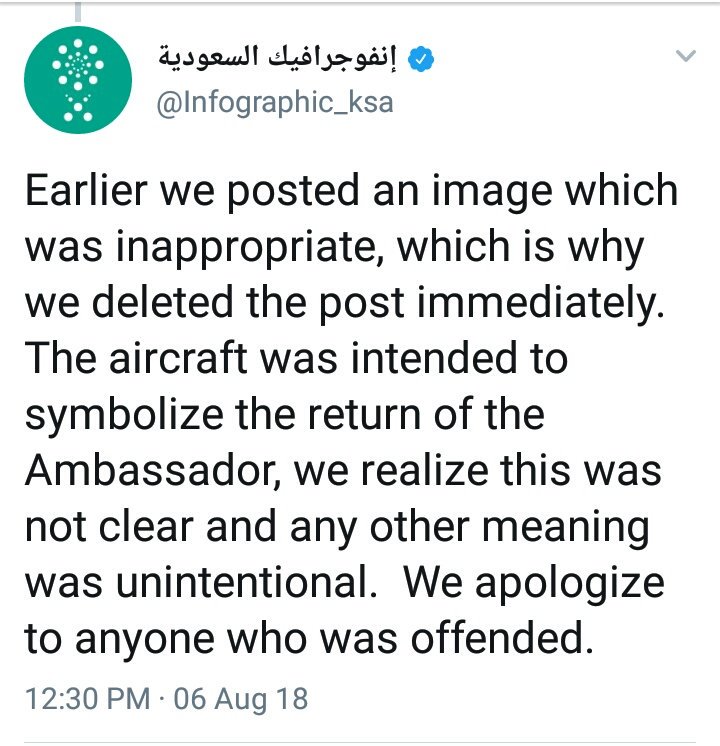 "Earlier we posted an image that was inappropriate, which is why we deleted the post immediately. The aircraft was intended to represent the return of the ambassador, we realize this was not clear and any other meaning was unintentional. We apologize to anyone who was offended."