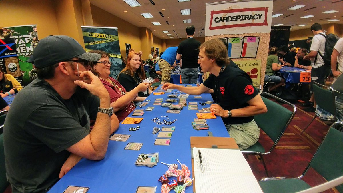 BrainWormInc's tweet photo. We had an awesome time playtesting #Cardspiracy at the #FEPH2018 by @DE_Gaming. Big thanks to @WinsmithGames, the folks from @dwarvenforge and our other playtesters for joining us! #GenCon #gencon2018 #tabletop #boardgames https://t.co/YLvQL4MqOw
