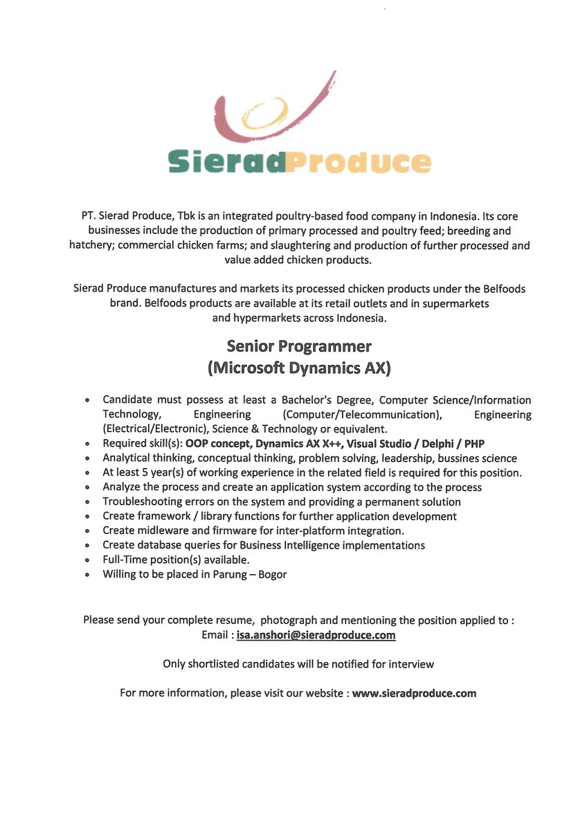 recruitmentsipd's tweet image. Senior Programmer (Dynamic AX)
#sipdrecruitment #SieradProduce #seniorprogrammer #dynamicAX #ITprogrammer #lamaranpekerjaan #JobSeekers #lowongankerja