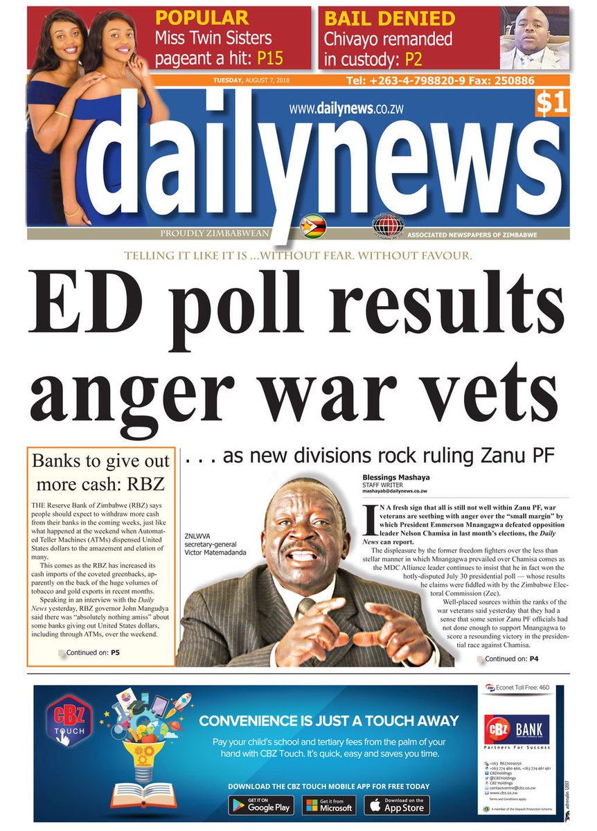 Today's #DailyNews front page #ED #Mnangagwa #WarVets #RBZ #cashcrisis #WicknellChivayo #ZimElections2018