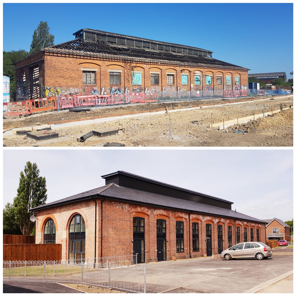 Tolentplc's tweet photo. Good Morning - we hope everyone reading this is having a great week! Here's a throwback to what the old engine shed looked like before and after we started working on it. The first residents recieved their keys just yesterday! @RailwayHousing #throwbackthursday #Throwback https://t.co/IECa4ZYdls