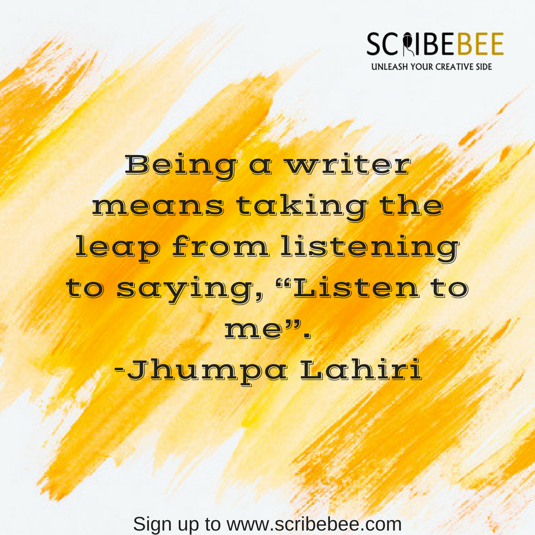 ScribeBee's tweet photo. Being a writer means taking the leap from listening to saying, “Listen to me”.
-Jhumpa Lahiri
Join https://t.co/hjd9b2K6bt
#sodelhi #delhigram #delhidiaries #Writing #reading #creativity #Storytelling #writingcommunity #daretowrite #daretoread #scribebee https://t.co/lO5F5SqEyv