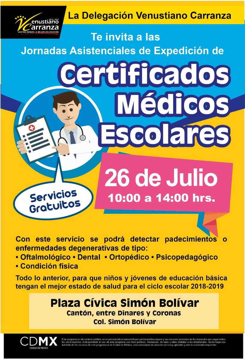 Vecino, recuerda que mañana estaremos brindando las Jornadas Asistenciales de Expedición de Certificados Médicos gratuitos de 10:00 a 14:00 horas en la Plaza Cívica "Simón Bolívar". #MLM
