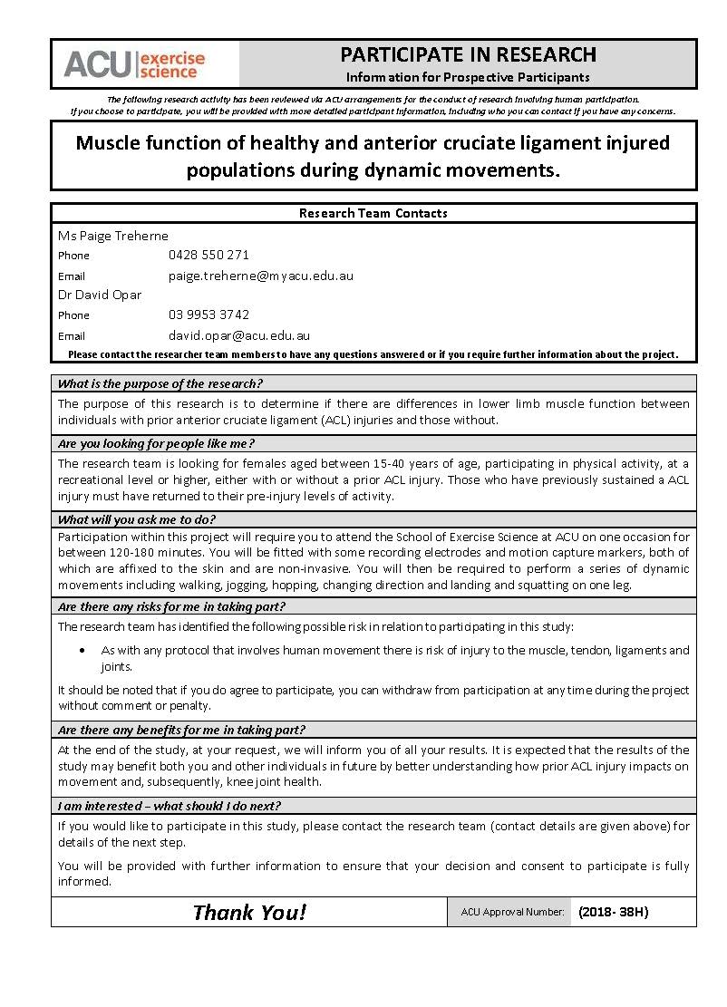 If you are a female who has returned to sport after ACL reconstruction and are in the Melbourne area, you might be eligible to participate in this study looking at your 3D biomechanics. Being led by <a href="/PaigeTreherne/">Paige Treherne</a> &amp; <a href="/niravmaniar91/">Nirav Maniar</a>. Please contact if interested. RTs appreciated.