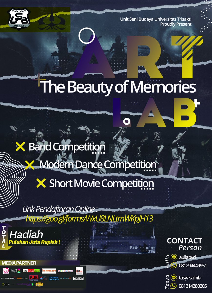 Prambors's tweet photo. UNIT SENI BUDAYA UNIVERSITAS TRISAKTI Proudly Present " A R T L A B " Band Competition, Modern Dance Competition, Short Movie Competition. Link Pendaftaran Online : https://t.co/iQR278uULt .  Line : auliapyd / WA 081294449951  
#USBTrisakti #ARTLAB2018 https://t.co/TiXJVd7ifU