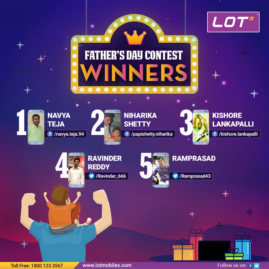 Lotmobiles's tweet photo. Big Applauds to the #WINNERS of the #LotMobiles Fathers Day Contest,Congratulations to you all .. many more contests coming your way!! So keep participating 😃😃
@Ramprasad43  @Ravinder_666 
#contestwinner #fathersdaycontest  #ContestAlert  #LOTMobilesfathersdaycontest #Contest https://t.co/51Wmna3GDX
