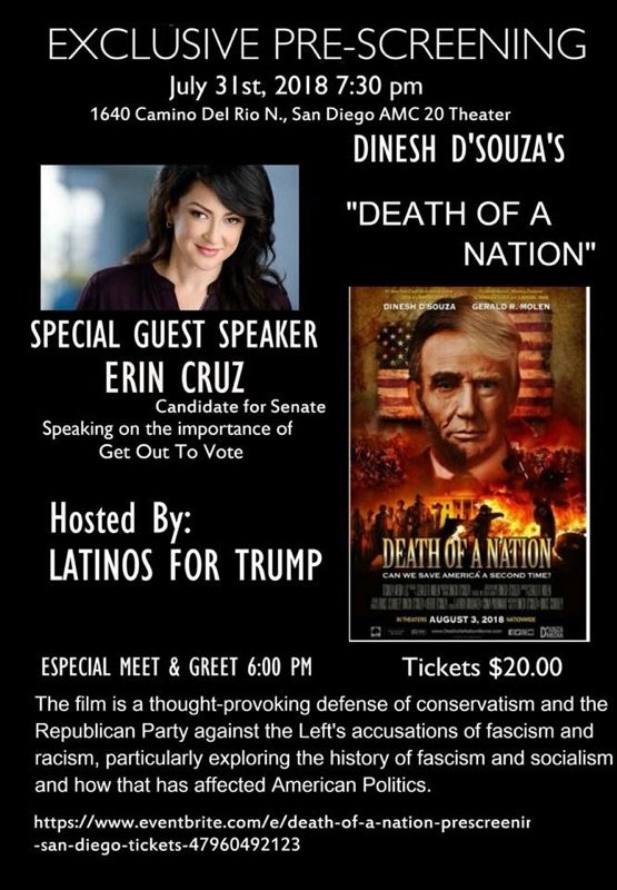 TeamErinCruz's tweet photo. Almost sold out!
Purchase your tickets here
https://t.co/ujje8DvYw3
to support our efforts to #TakeCaliBack
#TeamErinCruz
#DeathofaNation
#LatinosForTrump https://t.co/nor2b4ozhf https://t.co/yoLM8xCTvX