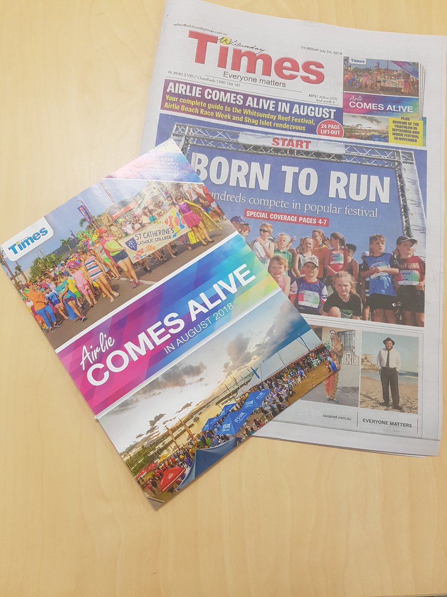 HAVE you picked up your copy of the #WhitsundayTimes today with special publication #AirlieComesAlive inside? If not you are missing out on your free guide to the <a href="/WhitsundayReefF/">Whitsunday Reef Fest</a> , <a href="/airlie_raceweek/">AirlieBeachRaceWeek</a> and Shag Islet rendezvous. <a href="/g_mac15/">Gregor Mactaggart</a> <a href="/petercarruther1/">Peter Carruthers</a> <a href="/claudia_alp/">Claudia Solange Alpaca Espinoza</a> <a href="/JLambella/">Jess Lamb</a>