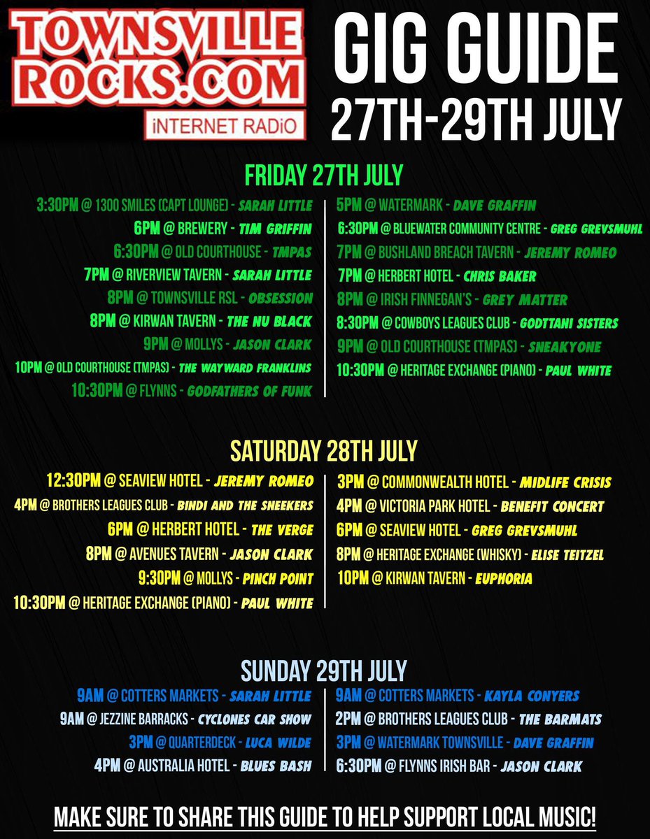 TSVROX's tweet photo. This weeks Gig Guide #tsvrox https://t.co/ZMbliTZYBt