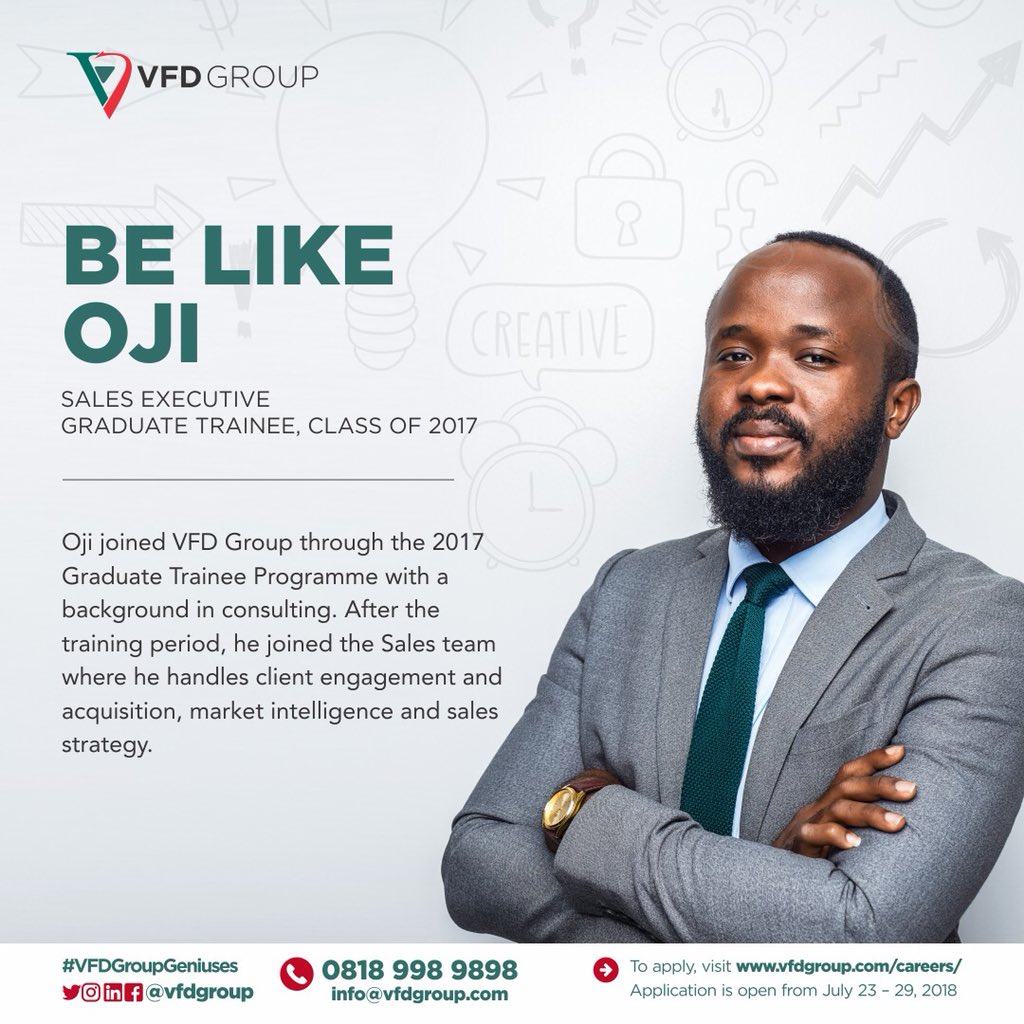 VFDGroup's tweet photo. We are looking for you, yes you. You’re driven, you’re smart, you’re creative and you’re looking to build a fulfilling career in the financial services industry. What are you waiting for? Send in your application today, and be like Oji! https://t.co/nEkSLJKA5M #VFDGroupGeniuses https://t.co/GHNRamO0hY