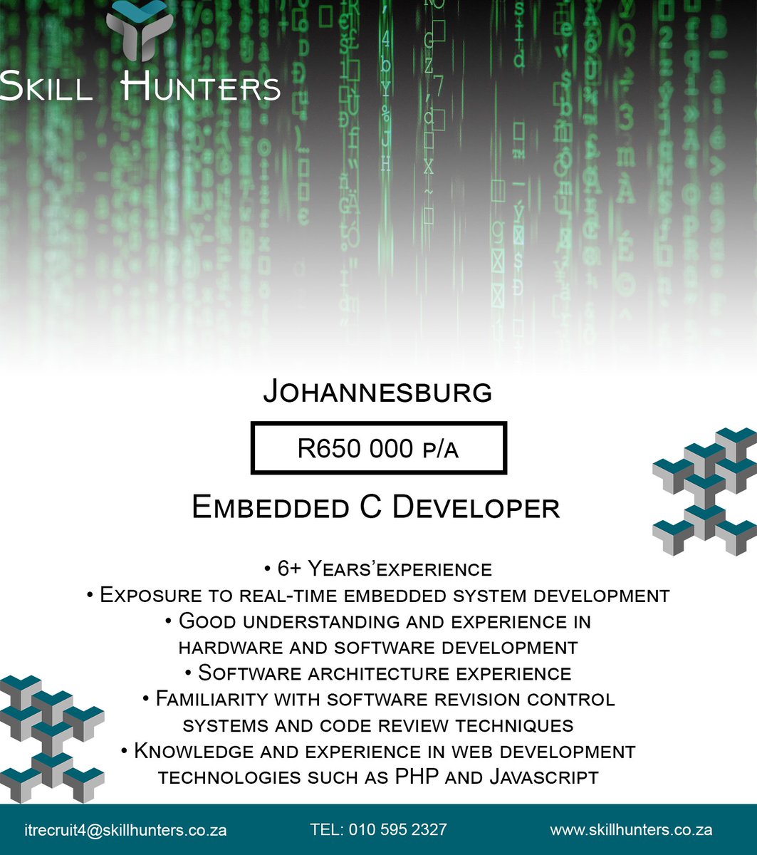 SkillHunters_'s tweet image. Embedded C Developer •Johannesburg •R650 000 p/a (subject to experience) •6+ Years’experience •Exposure to real-time embedded system development. Mail us on itrecruit4@skillhunters.co.za #EmbeddedCDeveloper #EmbeddedC #EmbeddedDeveloper #CDeveloper #PHP #Jobs #SkillHunters