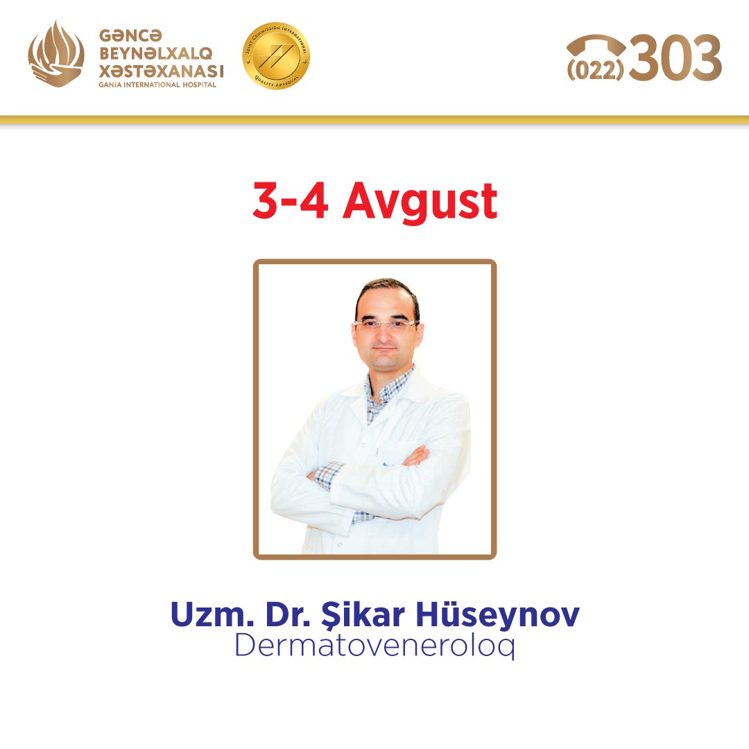 3-4 Avqust tarixində Dermatoveneroloq Uzm. Dr. Şikar Hüseynov Gəncə Beynəlxalq Xəstəxanasında.

gbx.az #gih #gbx #ganjainternationalhospital #sızanaq #akne #xalların_götürülməsi #saç_tökülməsi