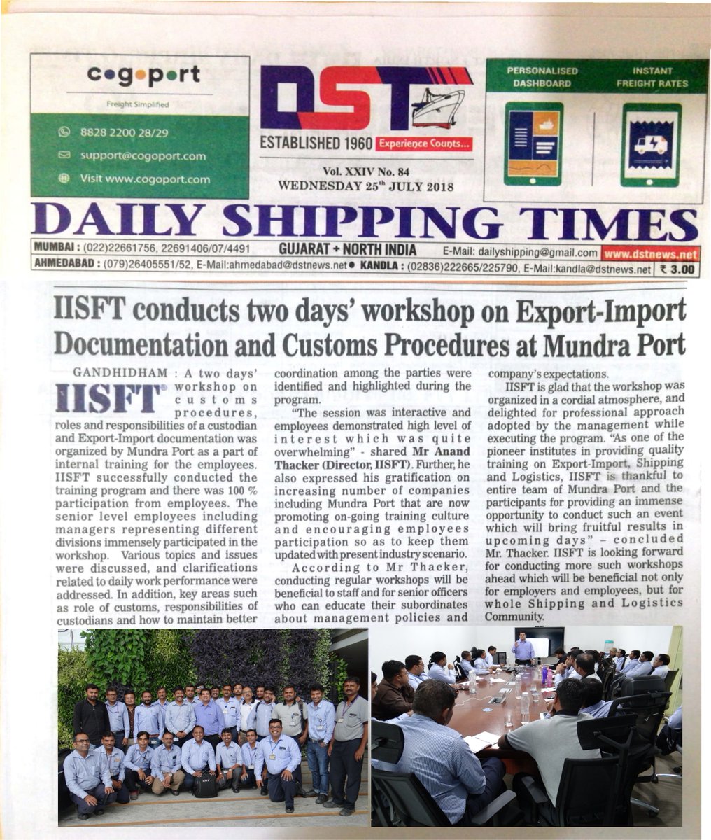 News article on #DailyShippingTimes highlighting #IISFT conducted "Two days' workshop on #ExportImport Documentation and #Customs Procedures for #MundraPort employees.
#GovernmentApprovedShippingCourses #LogisticsSkillCouncil #LSC #LSCShippingCourses #ShippingCoursesLSC https://t.co/SlNAFBcRTP