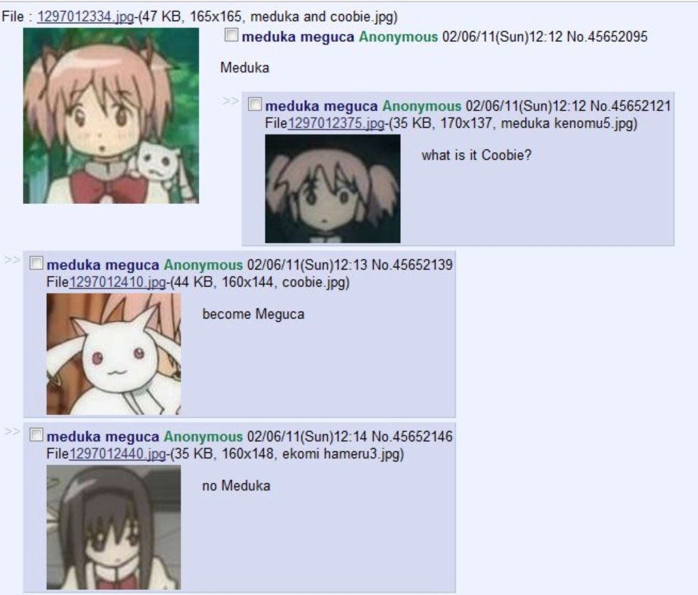 euthanasia_02's tweet photo. 海外の『まどマギ』ミームに「Meduka Meguca」というのがあって、遠目や中割りのカットを切り出して、さらに文法や綴りを解体をしてストーリーを語り直すという一種の二次創作なんですが、とにかく良い https://t.co/ve09W9BkQP