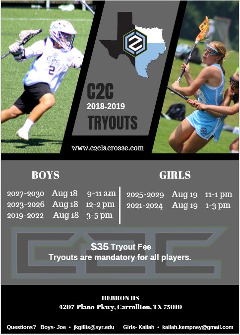 C2C Fall Tryouts...   
BOYS
Saturday, August 18th
GIRLS 
Sunday, August 19th 
Please register at c2clax.com
@TPeace19 @PeaceReportLAX