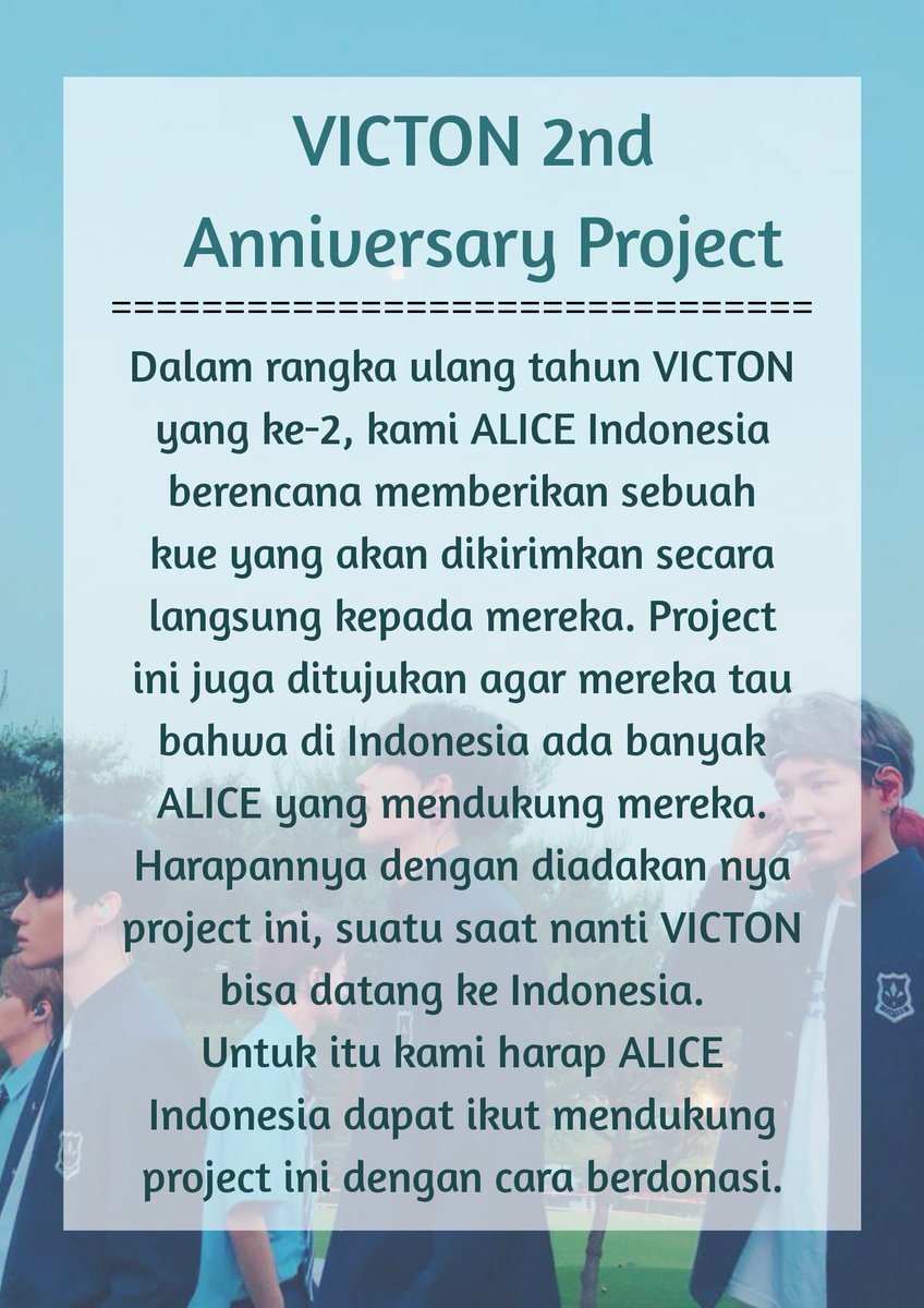 gogisatang's tweet photo. 📢CALLING ALL INDONESIAN ALICE📢

Proudly present our first project for VICTON!

Untuk detail project silakan cek keterangan di poster &amp; jika ada yg kurang jelas bisa ditanyakan pada @linlinluvicton / @gogisatang

Ayo bantu sukseskan project ini!😊

#IndonesiaAliceForVICTON 💛💙 https://t.co/aYLlGCgoUT