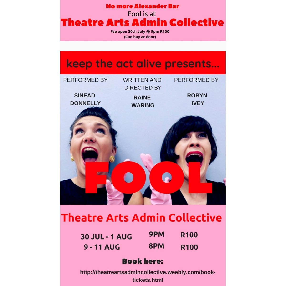 warraine's tweet photo. FOOL is not cancelled!
We won't be at the Alexander Bar unfortunately. They have had to close temporarily due to structural issues. But don't fret! 
We are performing at @TheatreArtsCT instead. 
30th July- 1st Aug &amp; 9-11th Aug 9pm R100 buy atdoor or here  https://t.co/4Fbu3DEkSK https://t.co/qNhu2dJ0oI