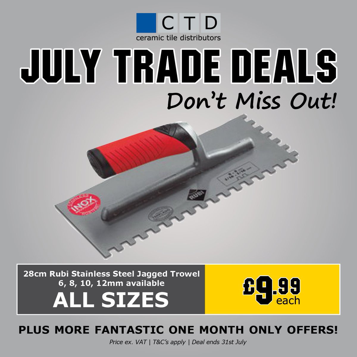 CTDTrade's tweet photo. Don't miss out on this fantastic one month offer 😍
@Rubi_UK_IRE 28cm STAINLESS STEEL TROWEL ONLY £9.99 EACH
Offer available on all sizes!
Order before it's too late ⏳ > https://t.co/BdHKd7Rsu1
Shop online at https://t.co/ULPsuZJdyn or instore ✅
#TILINGESSENTIALS #CTDTRADE https://t.co/sRpJhrYiw9