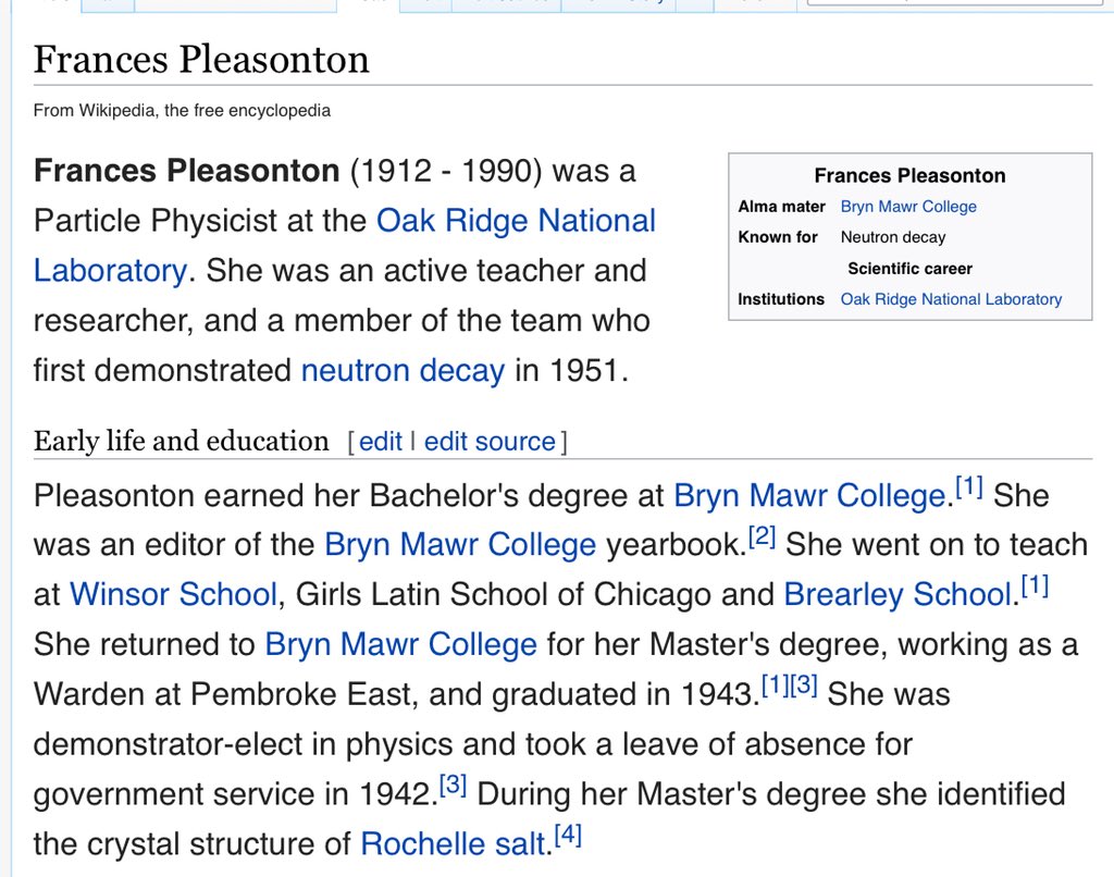 jesswade's tweet photo. 🇺🇸 Meet Frances Pleasonton, a physicist @ORNL who measured the half-life of the neutron in 1951. She didn’t have a PhD and contributed significantly to crystallography, particle physics and policy. New @Wikipedia page: https://t.co/nuahyJe8vS #womeninSTEM 💥 https://t.co/ANvxsk8TRa