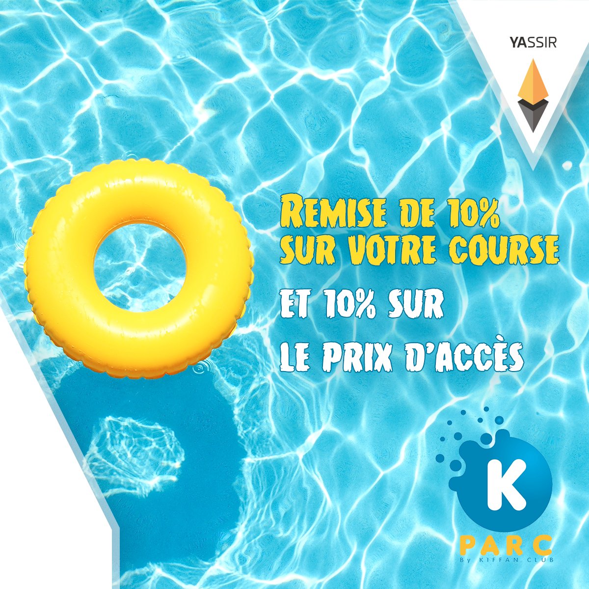 Vivez l’été à fond avec YAssir🏖️ ,profitez d’une remise de %10🎉 sur votre course de et vers le parc aquatique de KIFFAN CLUB🏊‍♂️. En plus d'une remise de 10% sur le prix d'accès, pour cela vous n'aurez qu'à présenter votre historique de course📲