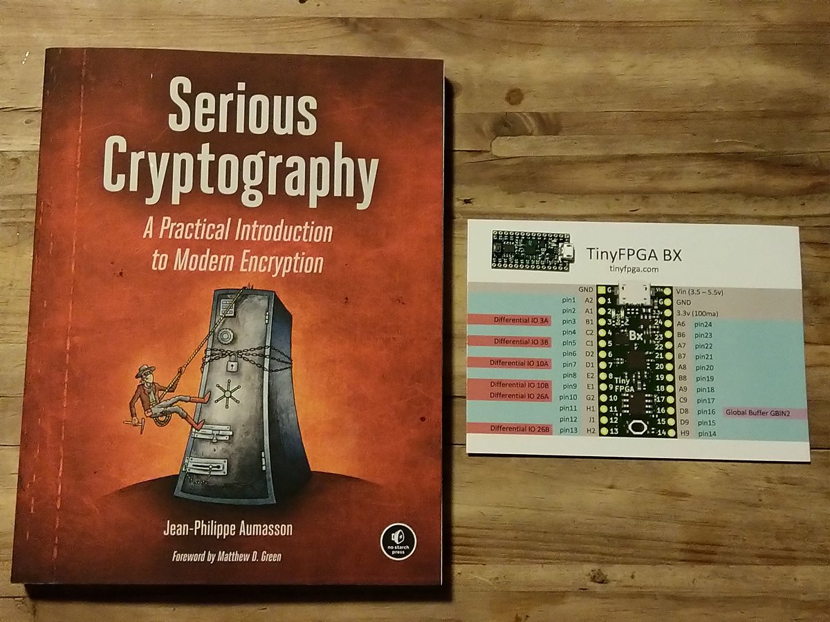 AndrewRJamieson's tweet image. Happy delivery day! Got my copy of @veorq #SeriousCryptography and my tinyfpga.com #TinyFPGA BX on the same day. Yay!!