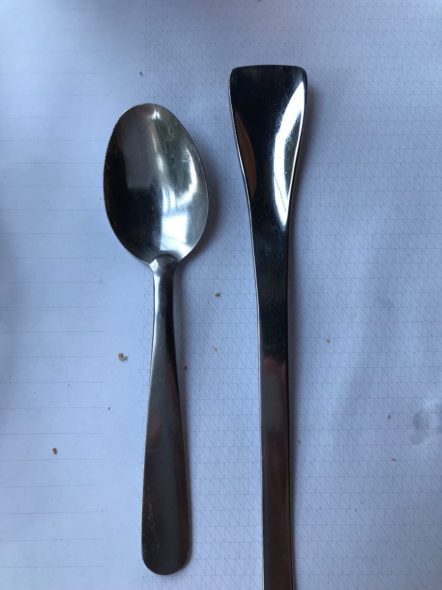 swrb1's tweet image. On the right, the elegant hotel restaurant tea spoons. On the left, the ones they have to give you specially for boiled eggs. #formoverfunction