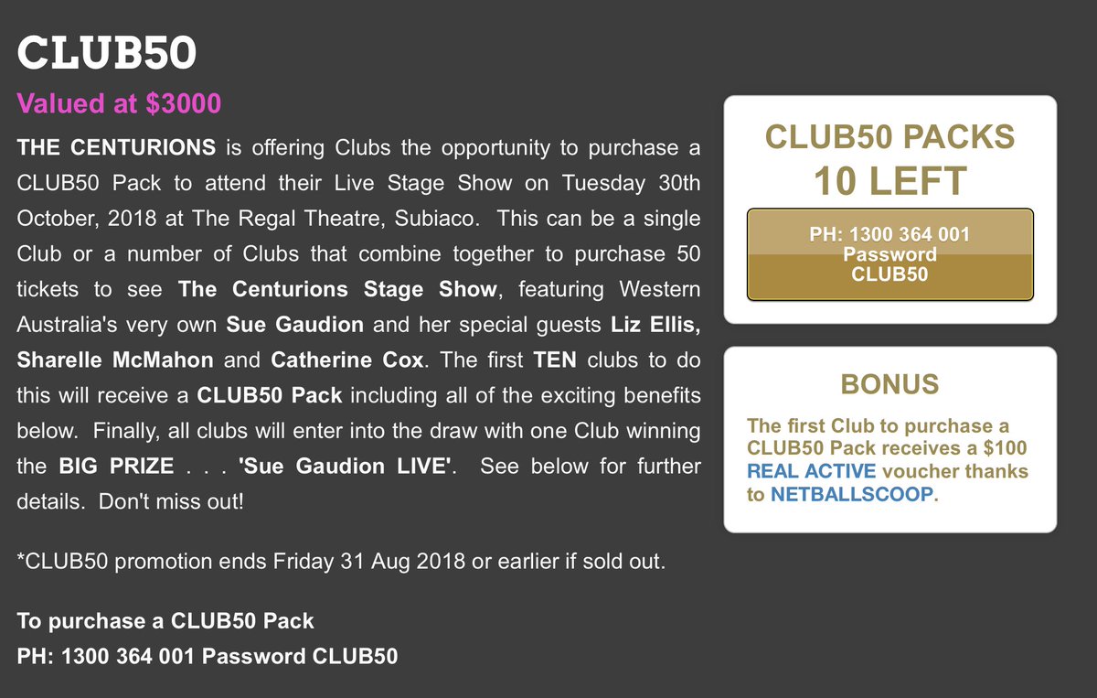 WESTERN AUSTRALIAN ASSOCIATIONS &amp; CLUBS.
I have TEN only CLUB50 packs available valued at $3000. This is a YOU HELP ME, I HELP YOU!!  
Further information here: thecenturions.com.au/club50/
Plus get me for 4hrs at yr club to Coach or Emcee!
CLUB50 offer ends Friday 31st August, 2018.