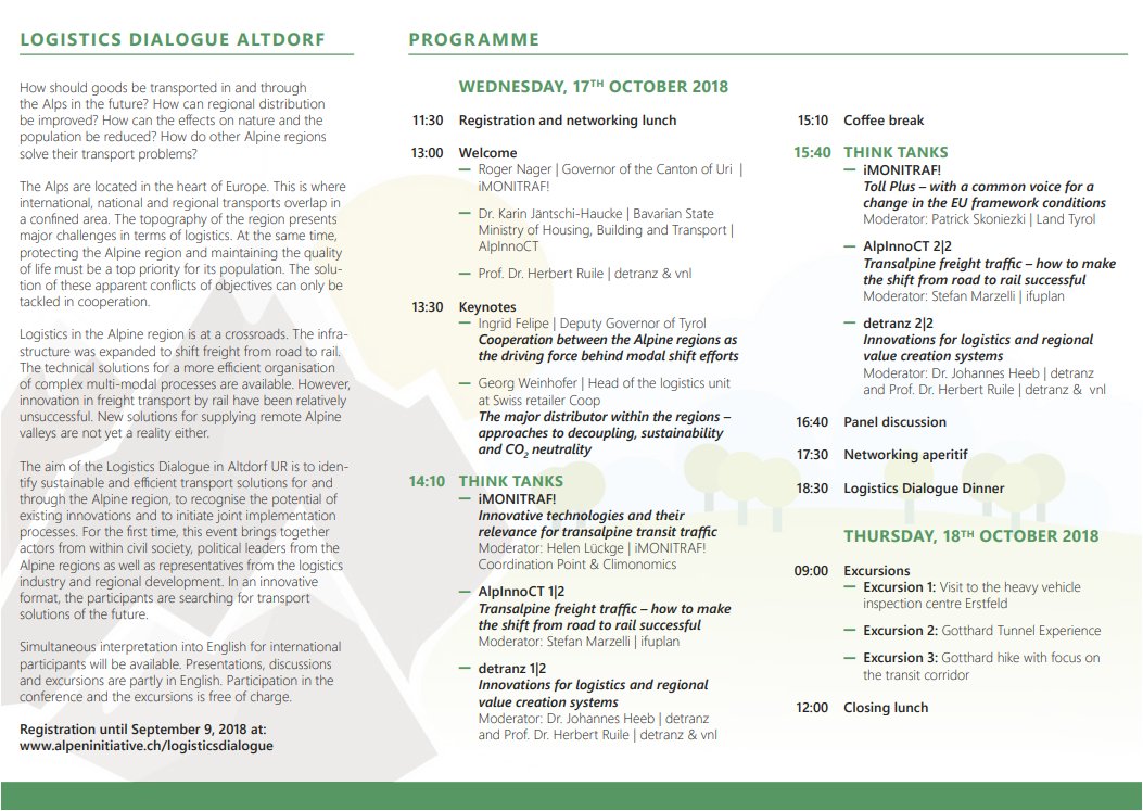 🗓️ Wed 17 October 2018 📍Altdorf, #Switzerland
Logistics Dialogue «The future of freight #transport in the #Alps – locally, nationally and internationally" 
📝 Registration until il September 9, 2018 at: alpeninitiative.ch/logisticsdialo…
ℹ️ Info  👉 alpine-space.eu/project-event-…