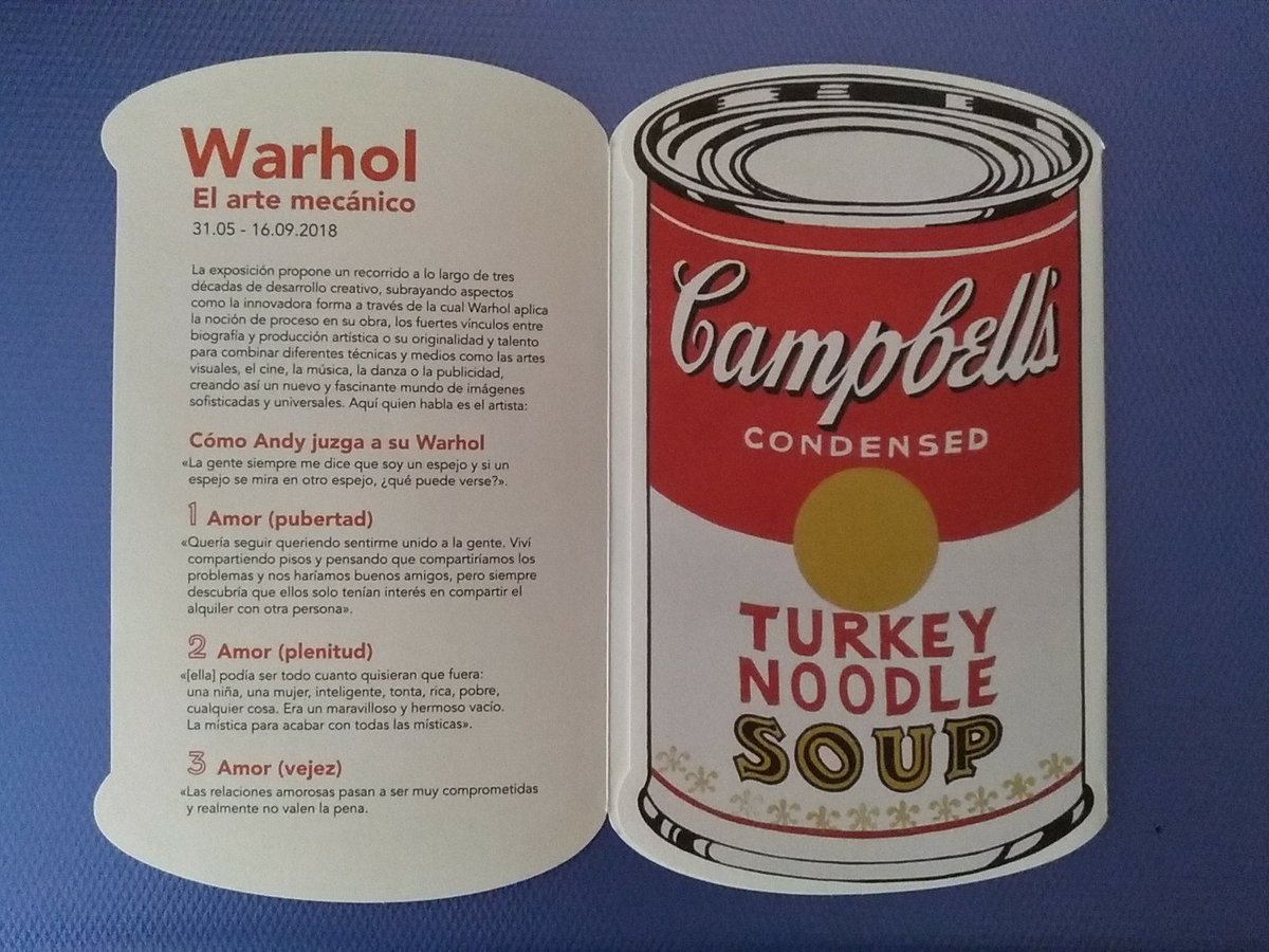 loladelgado_'s tweet photo. Algo que no puedo dejar de mencionar es la original señalética e imagen gráfica (desde los folletos de lata Campbell's hasta la entrada/pegatina, los carteles promocionales o el propio catálogo) de la #expoWarhol 
¡Más acorde no podía ser! Me ha encantado https://t.co/BZ16oCbgHO