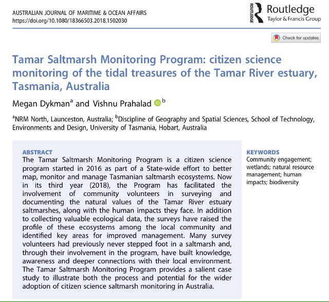 Our first publication from the #SaltmarshMatters #CitizenScience program led by @UTAS_ and @nrmnorth; in #coasttocoast2018 special issue