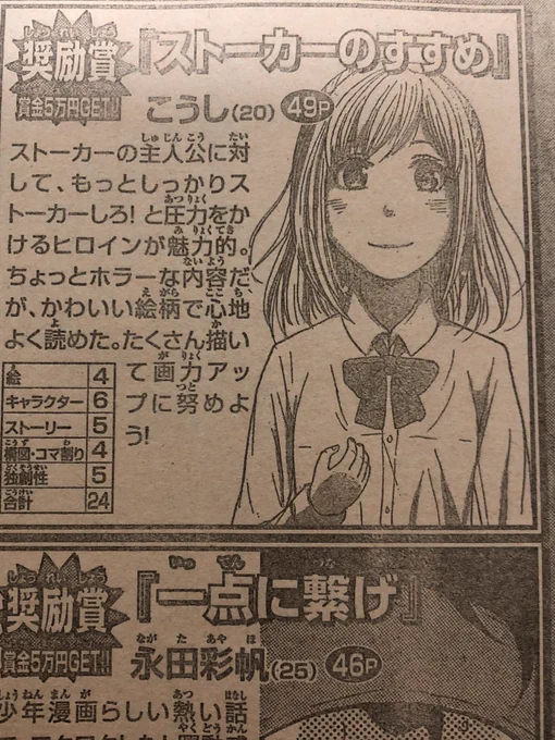 マガジンの5月期MGPで奨励賞
受賞しました!!あのマガジンに!私の名前と絵が!のってる〜〜!嬉しいです!!これからも頑張ります!! 